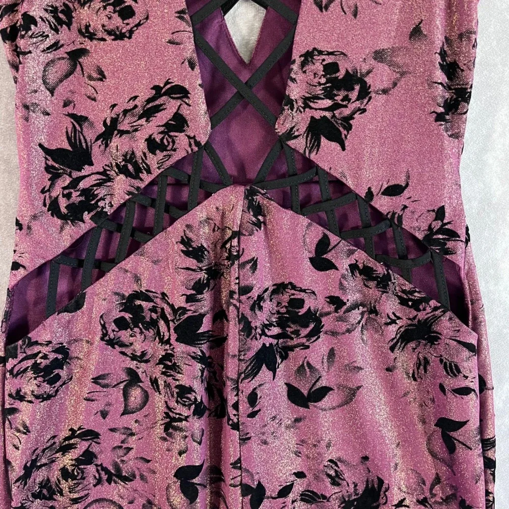 Privy Bodycon Dress Womens Medium Plum Metallic Floral Velvet Lace Up PD4380 NEW